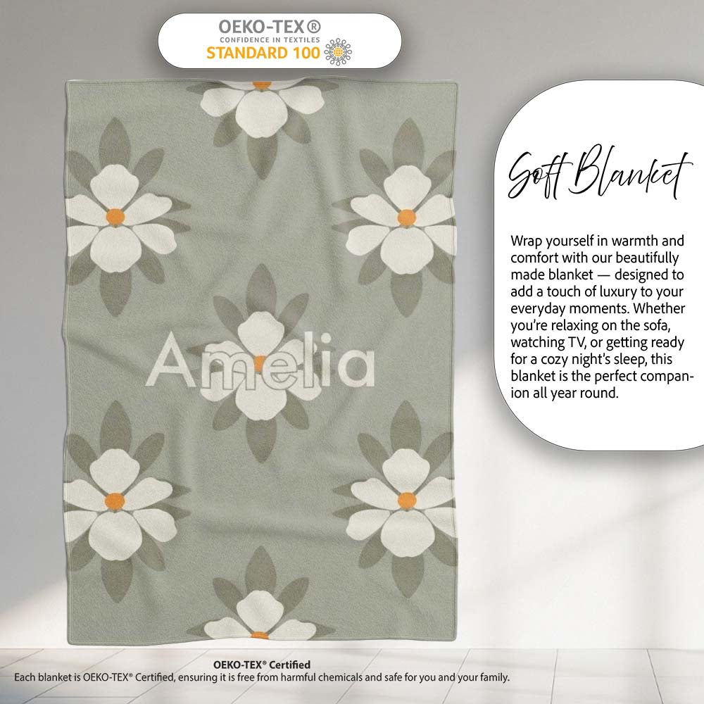 Neutral Daisy Floral Seamless Pattern Soft Beige Botanical Design Personalised Custom Name Super Soft Fleece Blanket Bed Sofa Throw