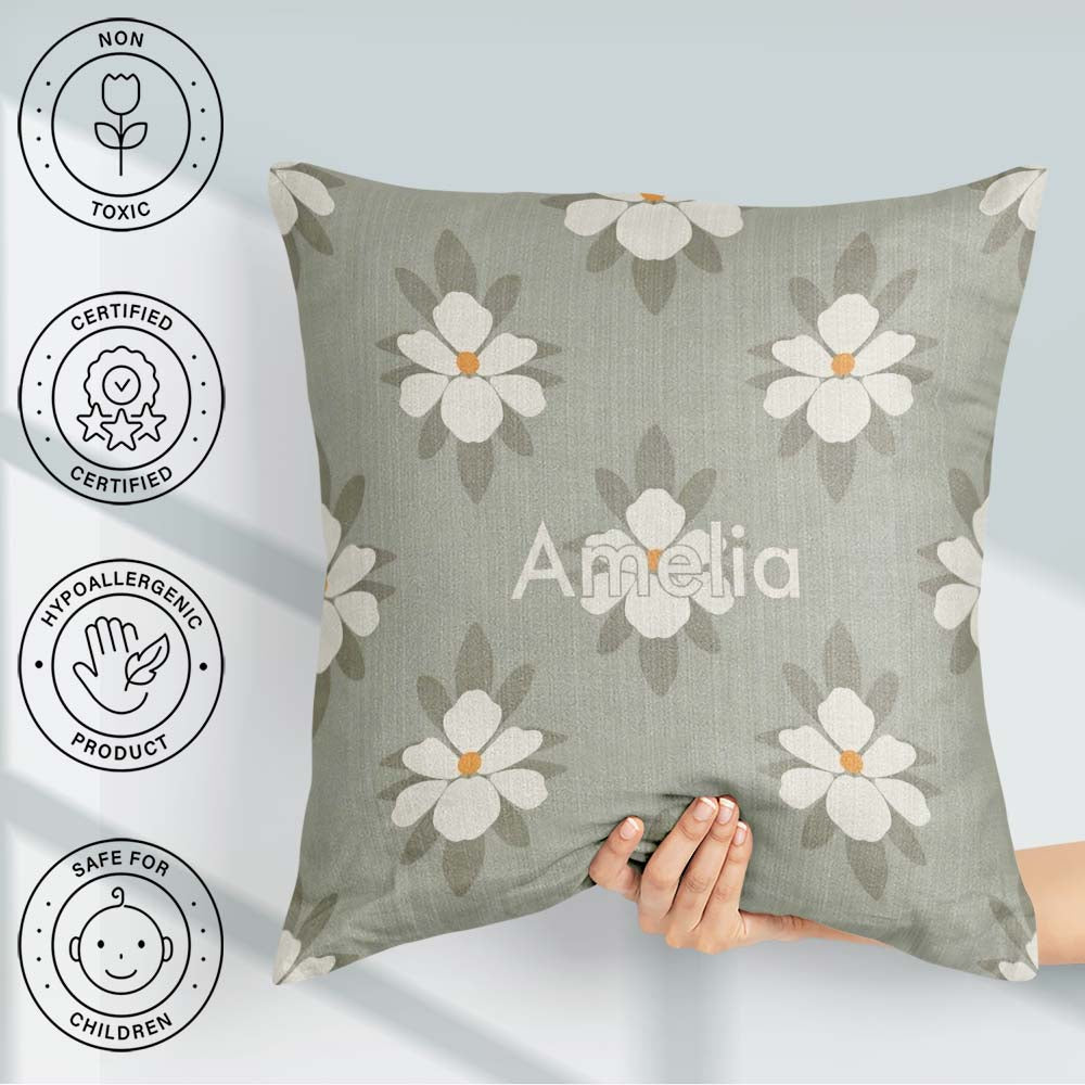 Custom Name Neutral Daisy Floral Seamless Pattern Soft Botanical Square Filled Cushion Throw Pillow Sofa Bed Home Decor Zip Washable UK Made