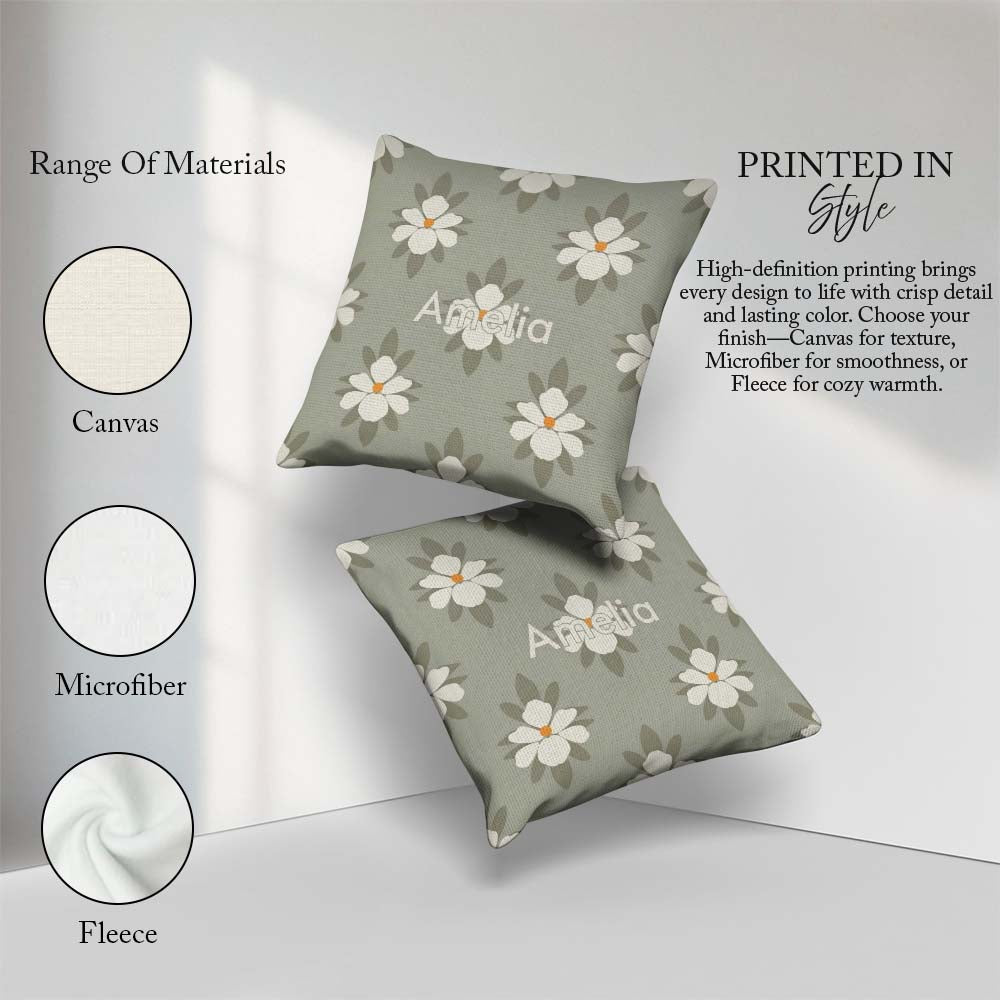 Custom Name Neutral Daisy Floral Seamless Pattern Soft Botanical Square Filled Cushion Throw Pillow Sofa Bed Home Decor Zip Washable UK Made