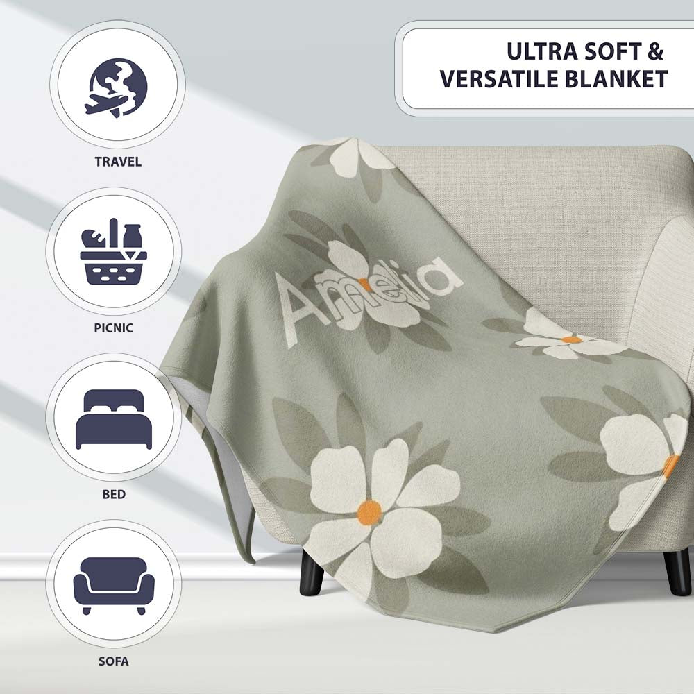 Neutral Daisy Floral Seamless Pattern Soft Beige Botanical Design Personalised Custom Name Super Soft Fleece Blanket Bed Sofa Throw