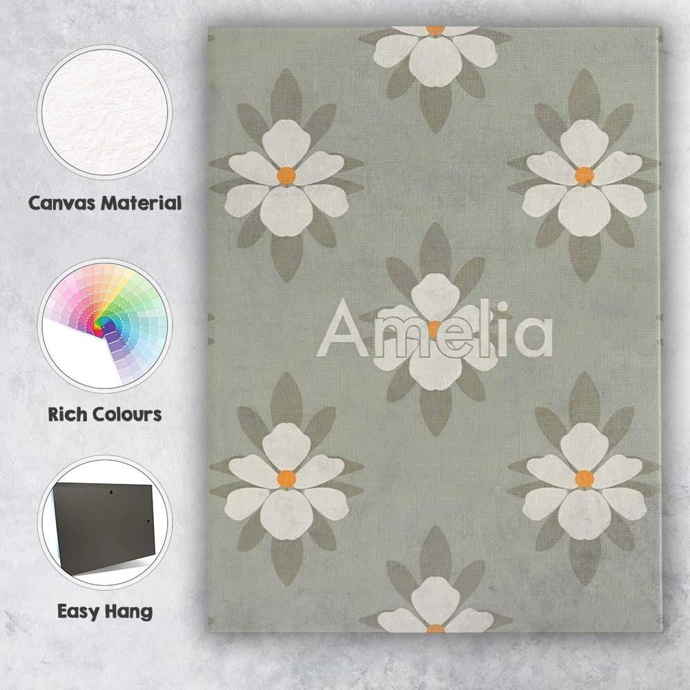 Personalised Name Neutral Daisy Floral Custom Modern Room Accent Elegant Feature Canvas Wall Art Print Decor Picture Ready to Hang