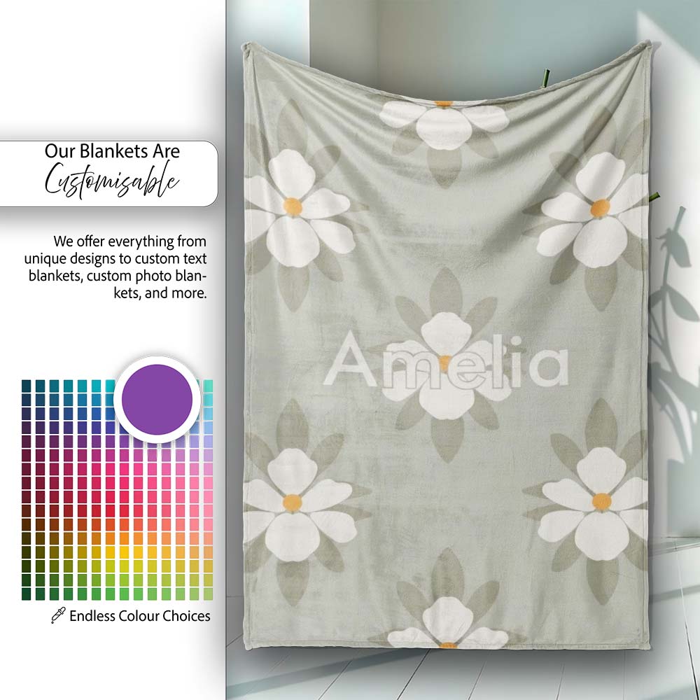 Neutral Daisy Floral Seamless Pattern Soft Beige Botanical Design Personalised Custom Name Super Soft Fleece Blanket Bed Sofa Throw