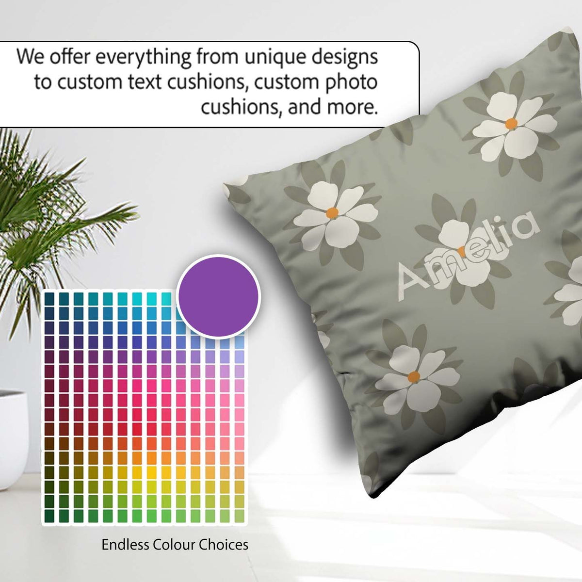 Custom Name Neutral Daisy Floral Seamless Pattern Soft Botanical Square Filled Cushion Throw Pillow Sofa Bed Home Decor Zip Washable UK Made