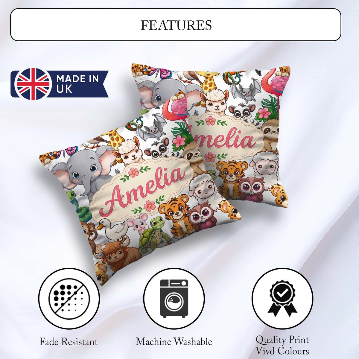 Custom Name Cute Cartoon Jungle Safari Animals Seamless on White Square Filled Cushion Throw Pillow Sofa Bed Home Decor Zip Washable UK Made