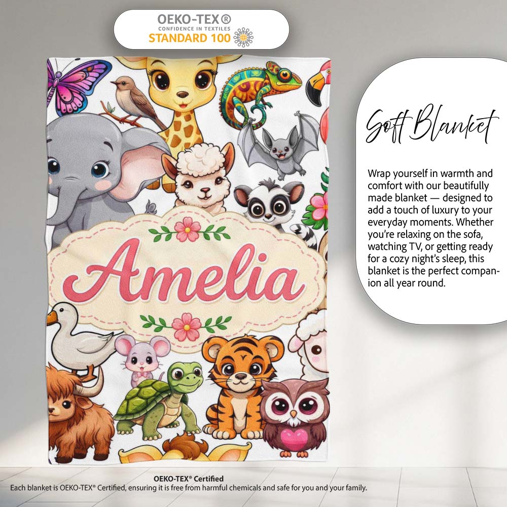 Cute Cartoon Jungle Safari Animals Seamless Pattern on White Lovely Personalised Custom Name Super Soft Fleece Blanket Bed Sofa Throw