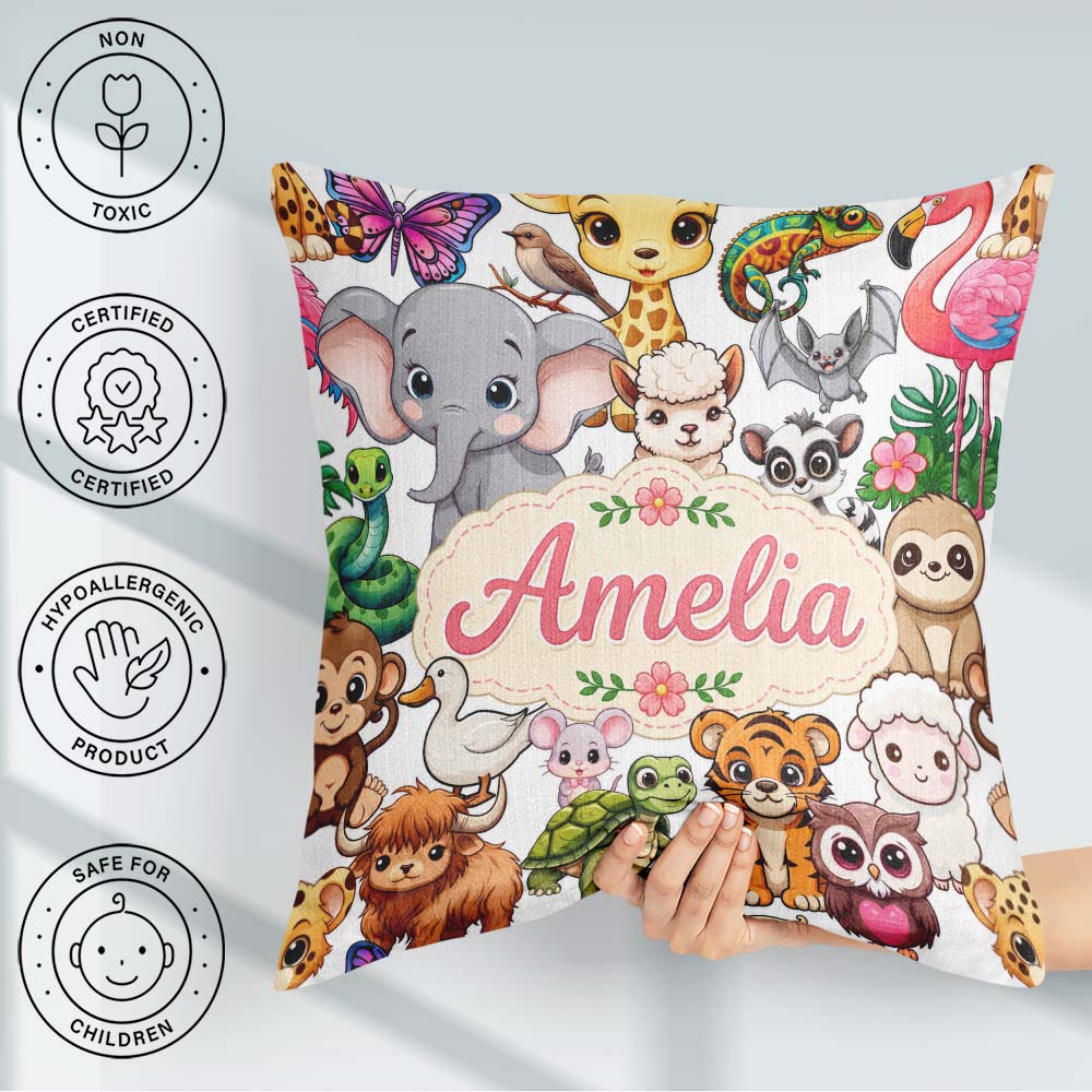 Custom Name Cute Cartoon Jungle Safari Animals Seamless on White Square Filled Cushion Throw Pillow Sofa Bed Home Decor Zip Washable UK Made