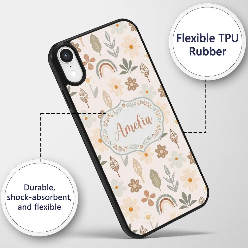 Scandinavian Floral Leaf Seamless Pattern Neutral Custom Name Protective Phone Case Mobile Cover Durable Everyday Smartphone Shock Resistant