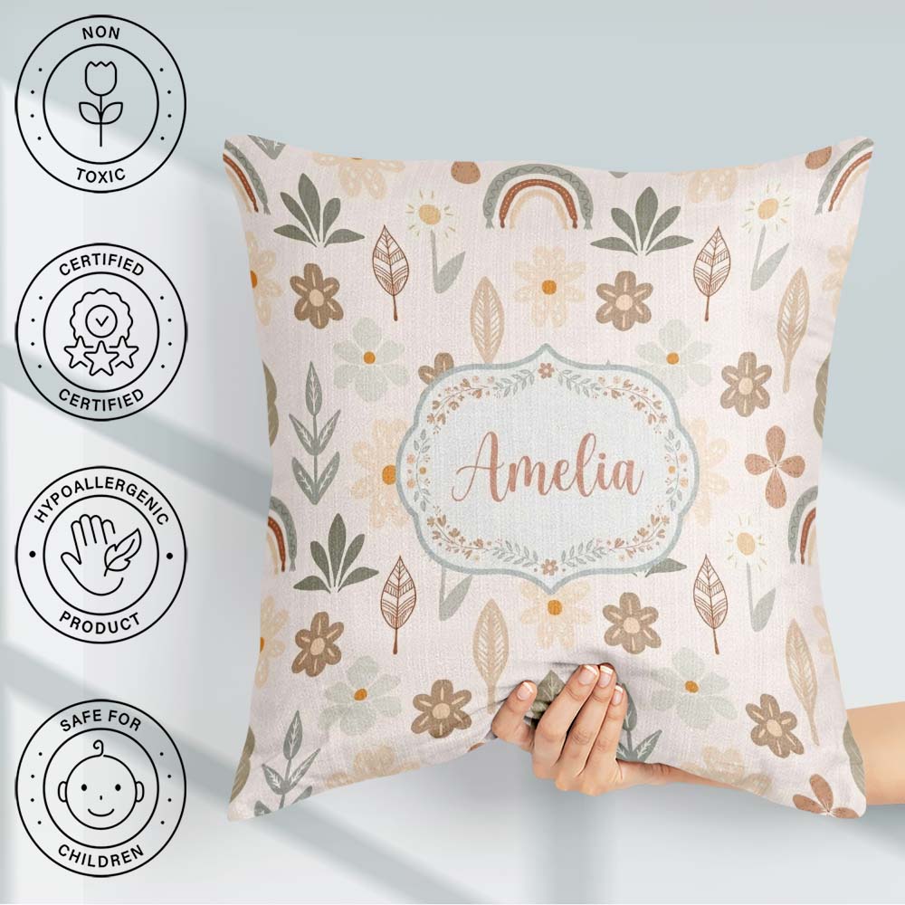 Custom Name Floral Leaf Seamless Pattern Neutral Boho Botanical Square Filled Cushion Throw Pillow Sofa Bed Home Decor Zip Washable UK Made