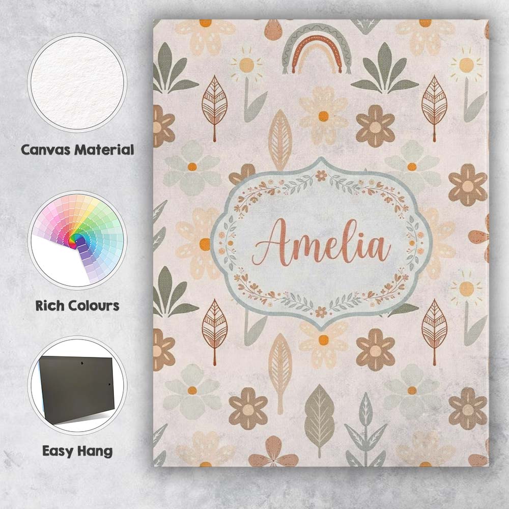 Personalised Name Scandinavian Floral Leaf Custom Unique Gift Idea Elegant Feature Canvas Wall Art Print Decor Picture Ready to Hang