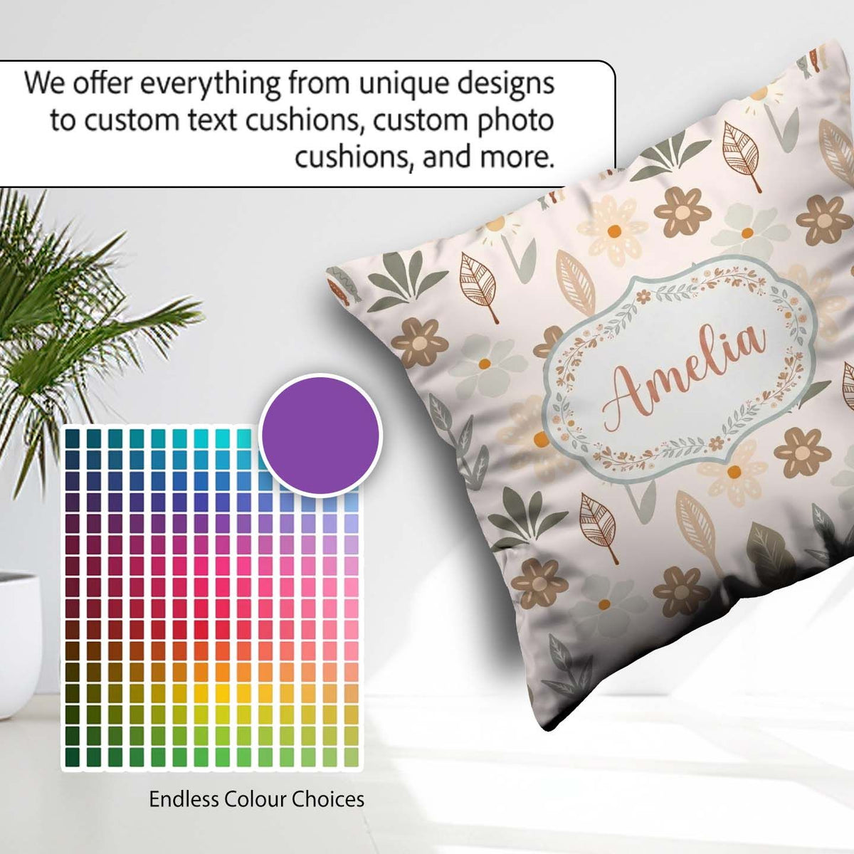 Custom Name Floral Leaf Seamless Pattern Neutral Boho Botanical Square Filled Cushion Throw Pillow Sofa Bed Home Decor Zip Washable UK Made