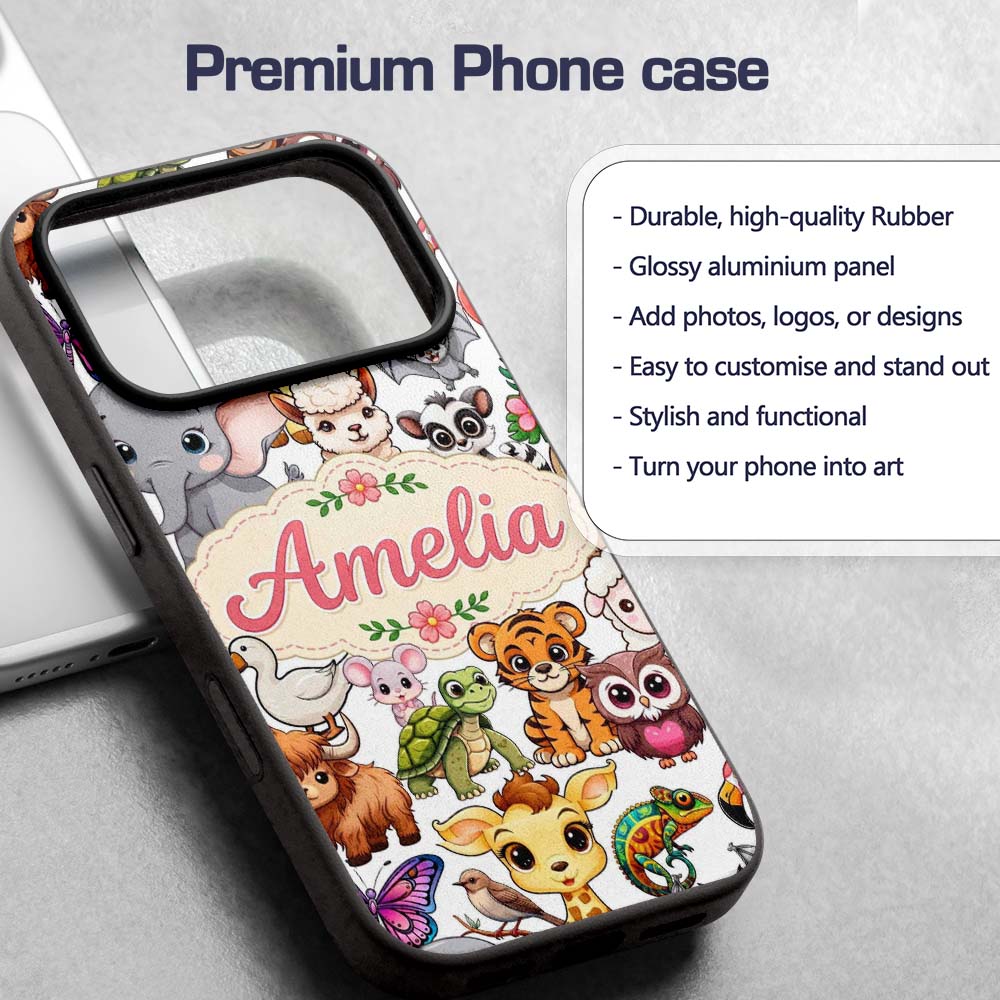 Cute Cartoon Jungle Safari Animals Printed Design Custom Name Protective Phone Case Mobile Cover Durable Everyday Smartphone Shock Resistant