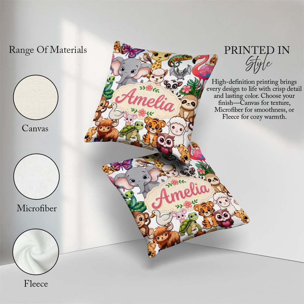 Custom Name Cute Cartoon Jungle Safari Animals Seamless on White Square Filled Cushion Throw Pillow Sofa Bed Home Decor Zip Washable UK Made