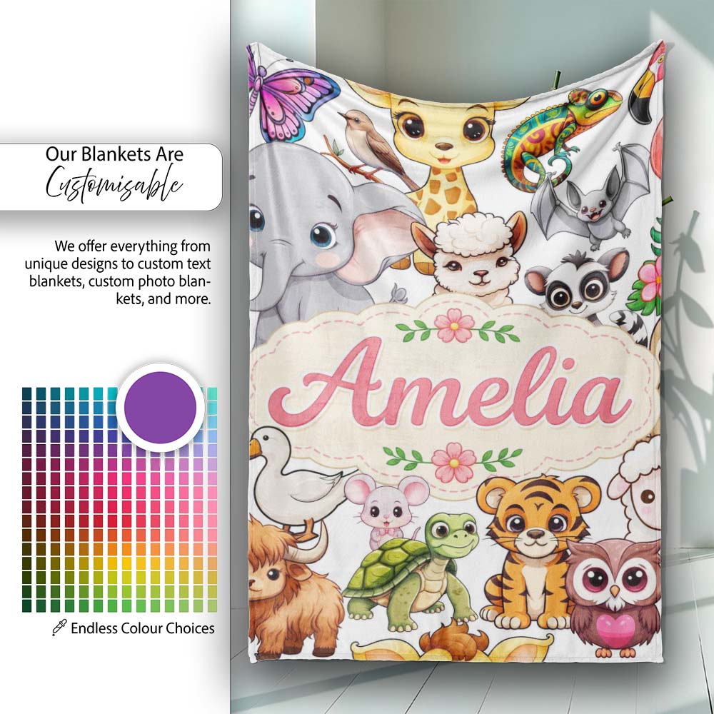 Cute Cartoon Jungle Safari Animals Seamless Pattern on White Lovely Personalised Custom Name Super Soft Fleece Blanket Bed Sofa Throw