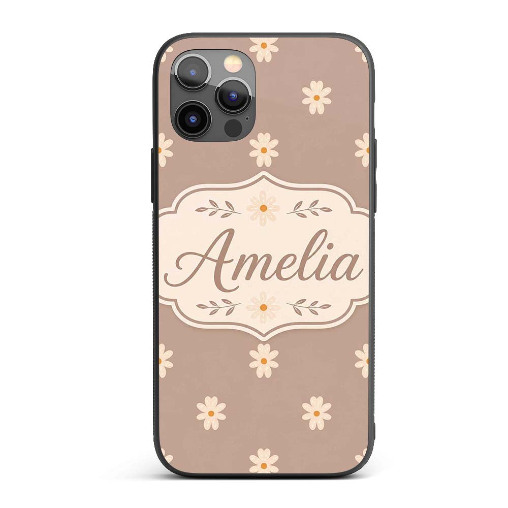 Simple Daisy Flower Seamless Pattern Warm Taupe Custom Name Protective Phone Case Mobile Cover Durable Everyday Smartphone Shock Resistant