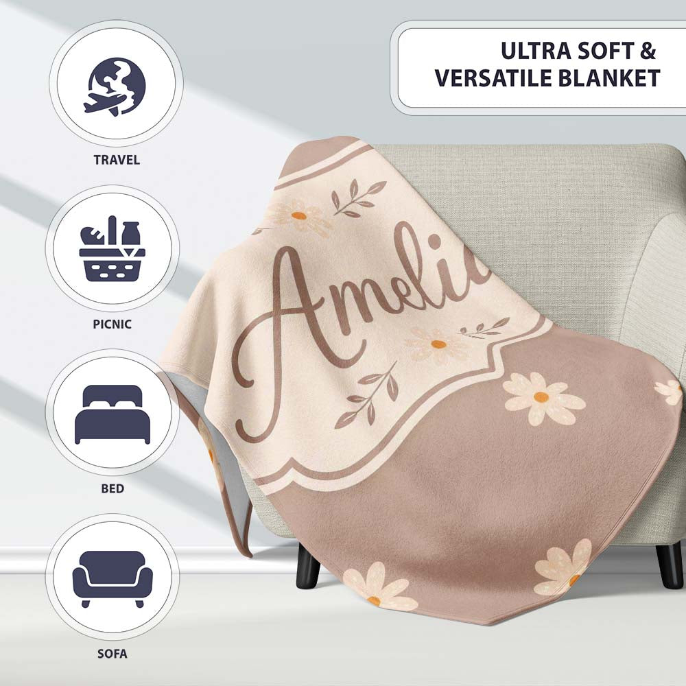 Simple Daisy Flower Seamless Pattern Warm Taupe Background Minimal Personalised Custom Name Super Soft Fleece Blanket Bed Sofa Throw