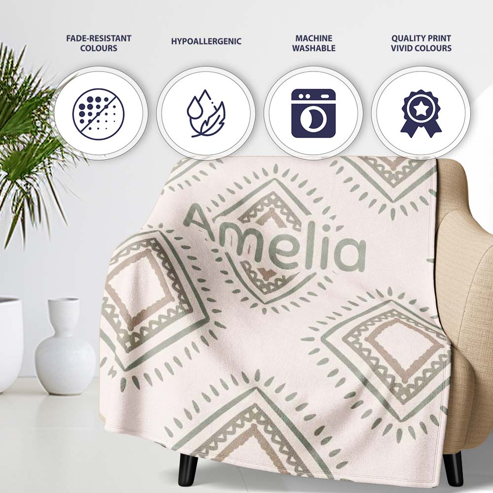 Soft Geometric Diamond Seamless Pattern Neutral Tribal Style Design Personalised Custom Name Super Soft Fleece Blanket Bed Sofa Throw