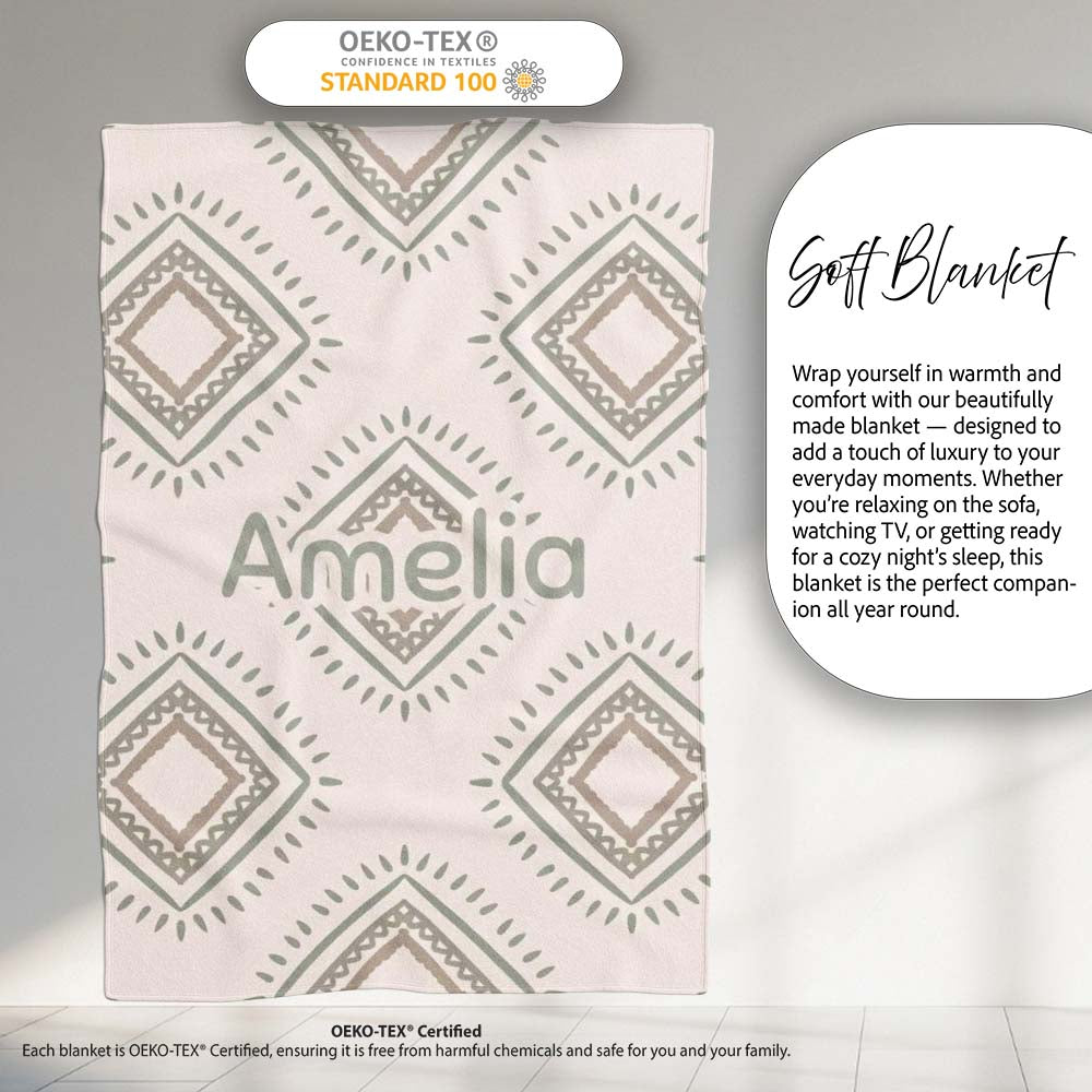 Soft Geometric Diamond Seamless Pattern Neutral Tribal Style Design Personalised Custom Name Super Soft Fleece Blanket Bed Sofa Throw