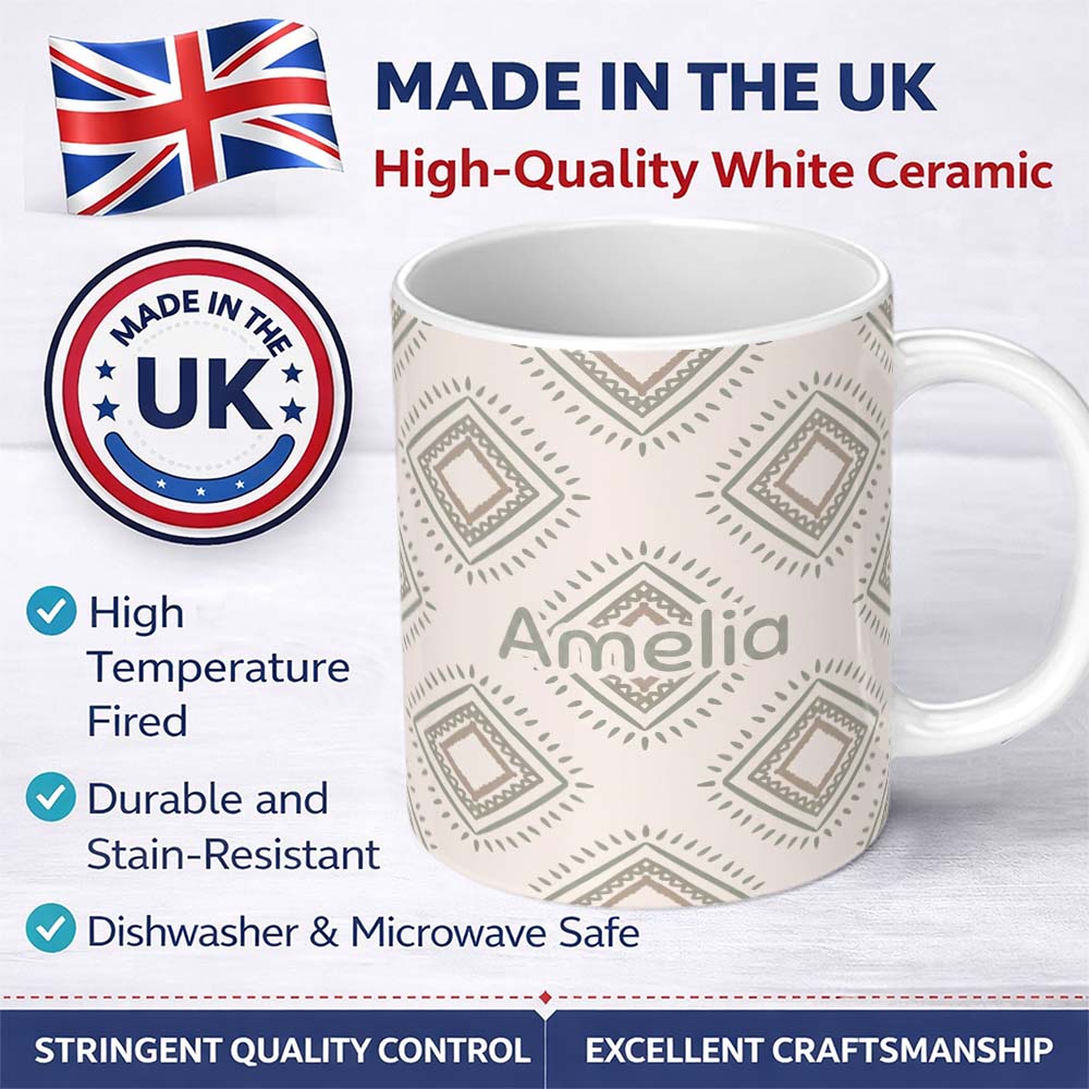 Personalized Custom Name Soft Geometric Diamond Seamless Pattern Neutral Tribal Style Design 11oz Ceramic Coffee Tea Mug White Large Handle