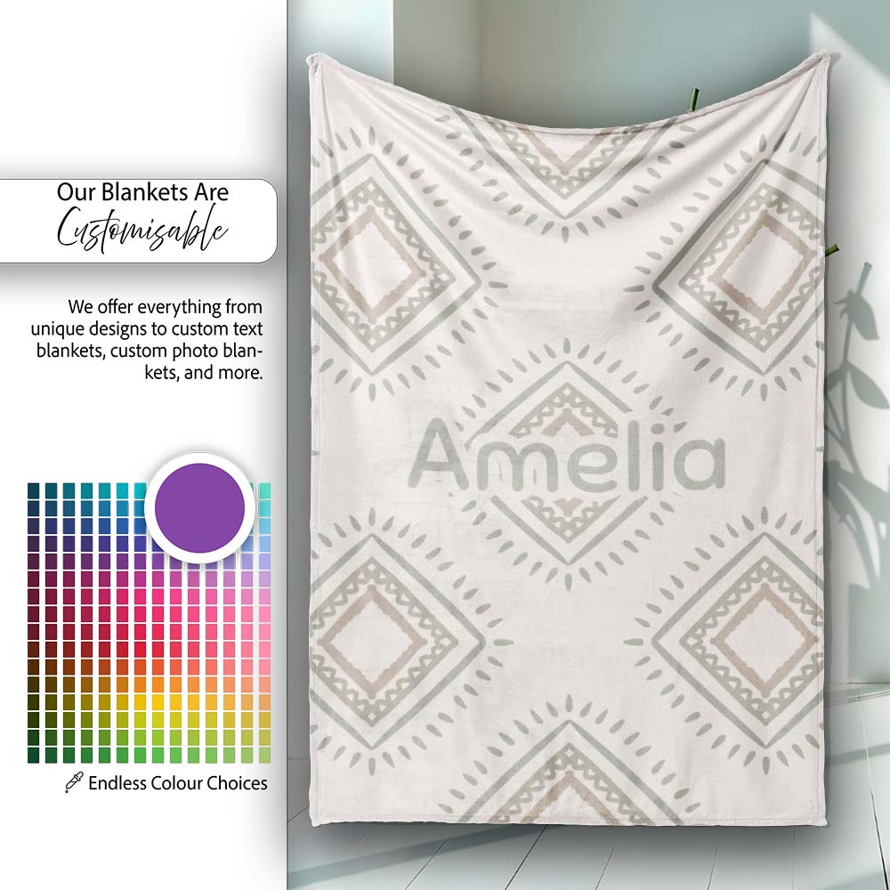 Soft Geometric Diamond Seamless Pattern Neutral Tribal Style Design Personalised Custom Name Super Soft Fleece Blanket Bed Sofa Throw