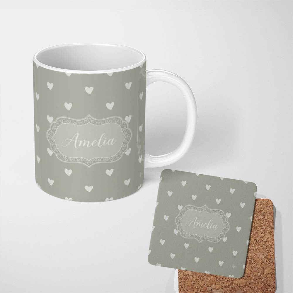 Personalized Custom Name Cute Heart Mini Seamless Pattern Soft Neutral Romantic Design Name 11oz Ceramic Coffee Tea Mug White Large Handle