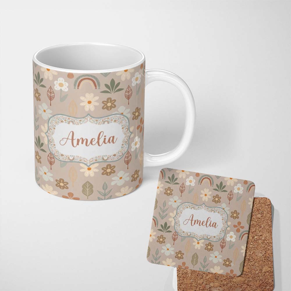 Personalized Custom Name Boho Floral Rainbow Seamless Pattern Neutral Earth Tone Botanical 11oz Ceramic Coffee Tea Mug White Large Handle