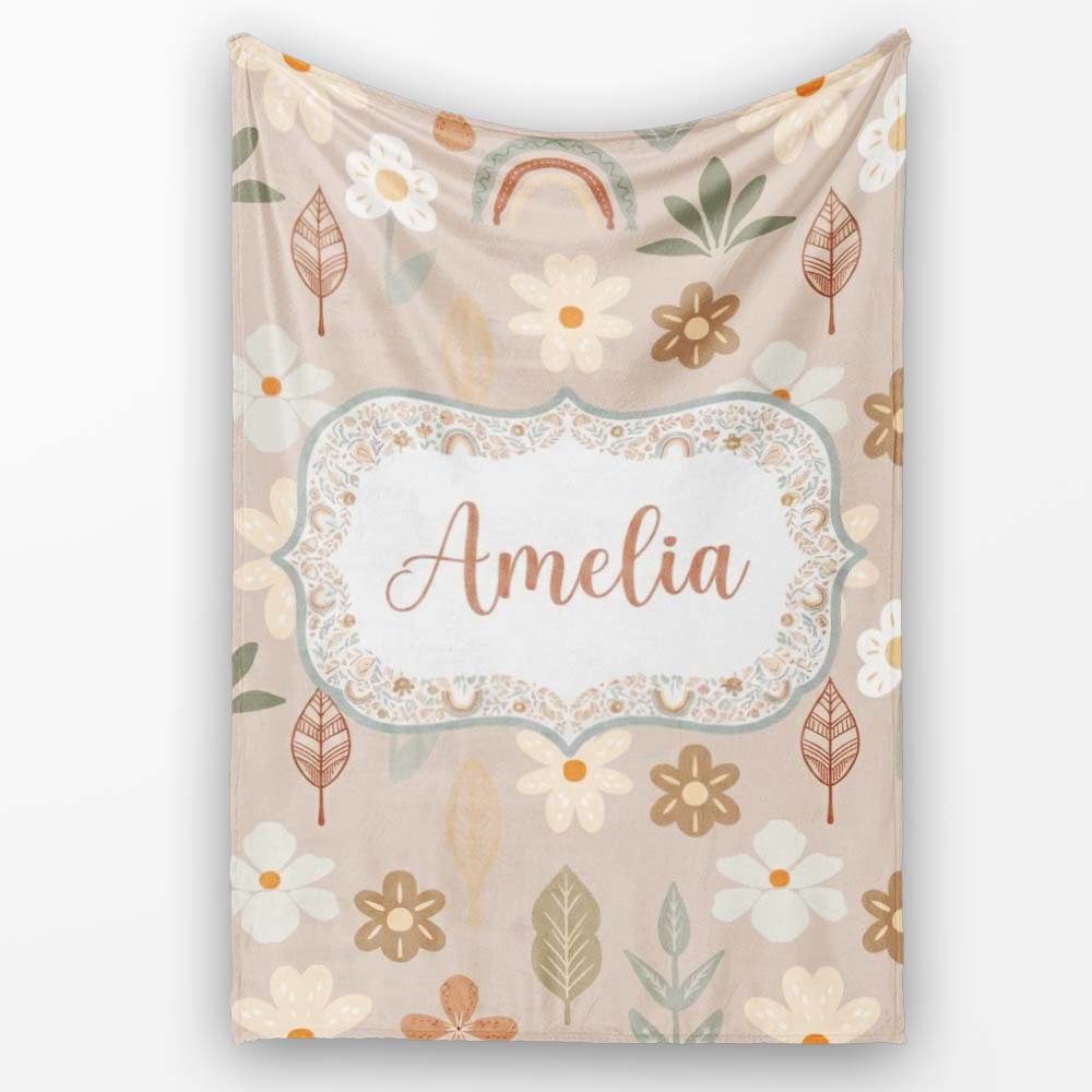 Boho Floral Rainbow Seamless Pattern Neutral Earth Tone Botanical Personalised Custom Name Super Soft Fleece Blanket Bed Sofa Throw