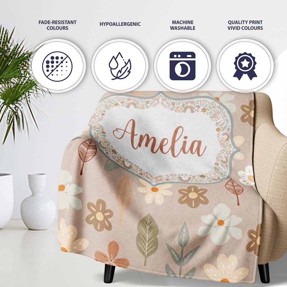 Boho Floral Rainbow Seamless Pattern Neutral Earth Tone Botanical Personalised Custom Name Super Soft Fleece Blanket Bed Sofa Throw