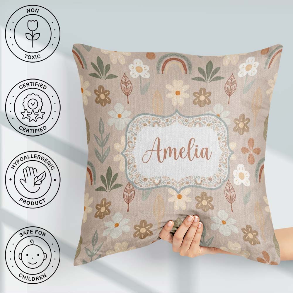 Custom Name Boho Floral Rainbow Seamless Pattern Earth Botanical Square Filled Cushion Throw Pillow Sofa Bed Home Decor Zip Washable UK Made