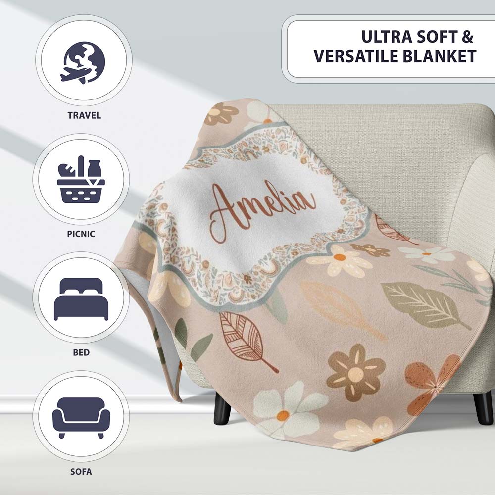 Boho Floral Rainbow Seamless Pattern Neutral Earth Tone Botanical Personalised Custom Name Super Soft Fleece Blanket Bed Sofa Throw