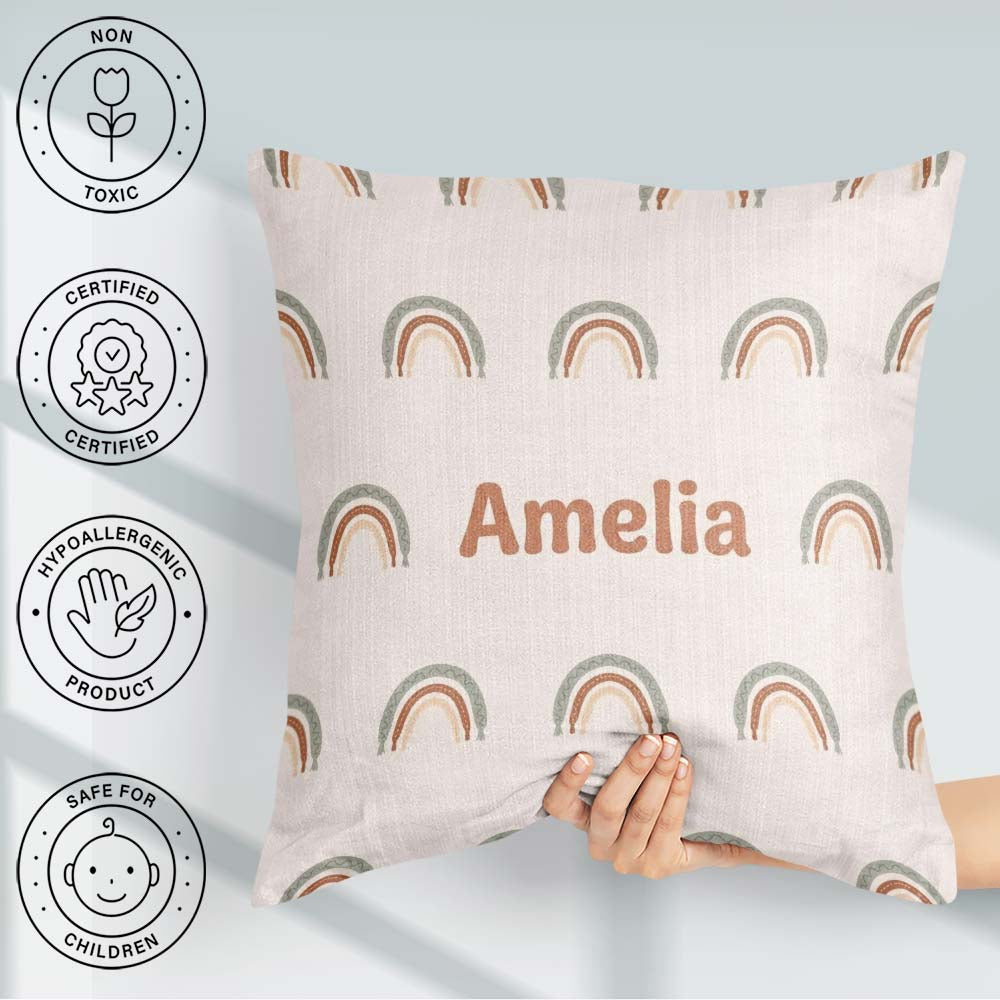Custom Name Boho Rainbow Arc Pattern Soft Neutral Nursery Design Square Filled Cushion Throw Pillow Sofa Bed Home Decor Zip Washable UK Made