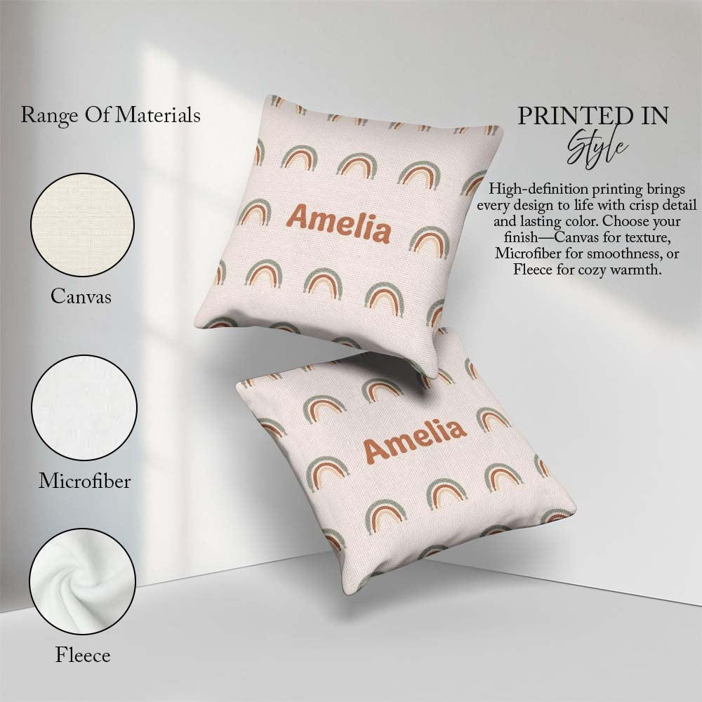 Custom Name Boho Rainbow Arc Pattern Soft Neutral Nursery Design Square Filled Cushion Throw Pillow Sofa Bed Home Decor Zip Washable UK Made