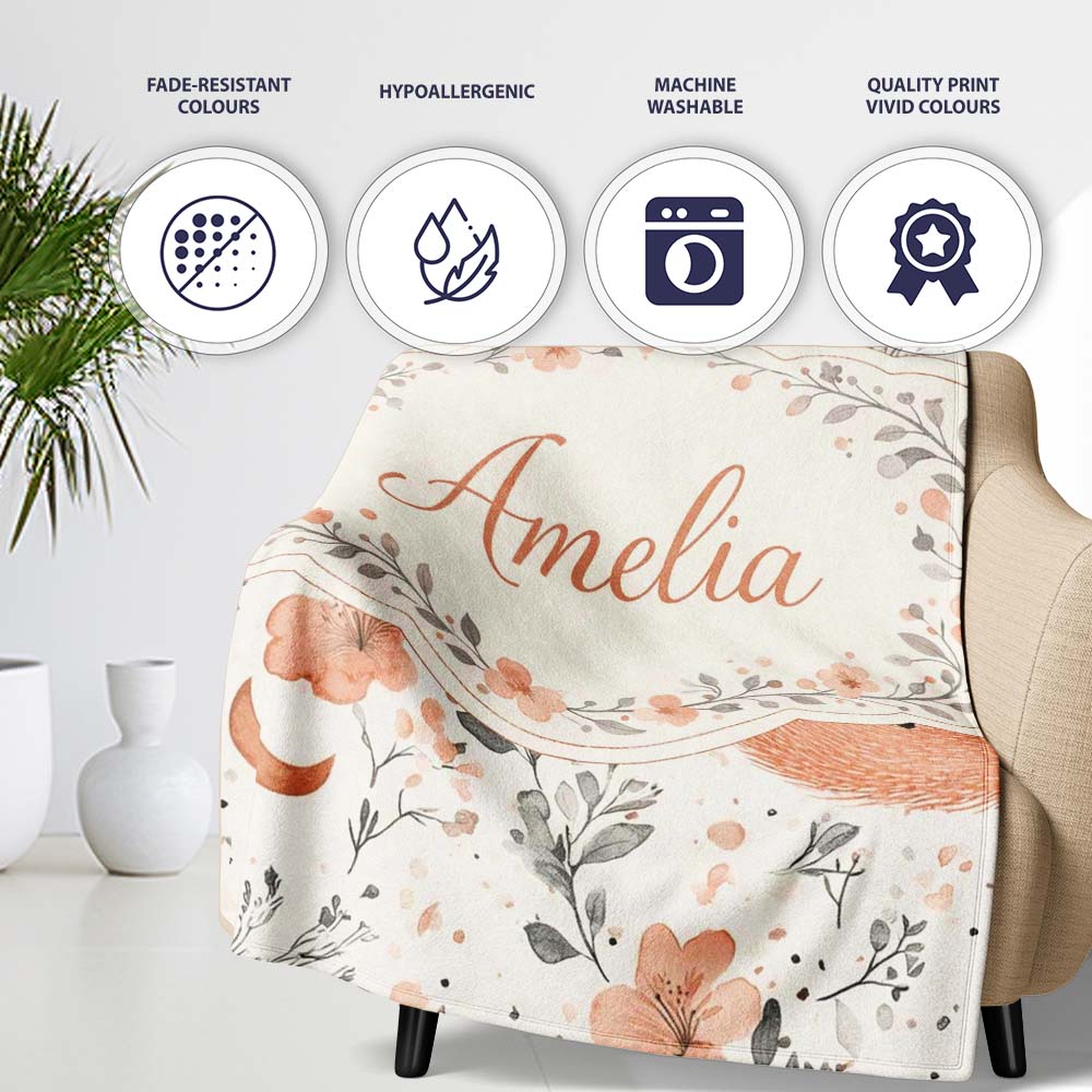 Cute Fox Floral Seamless Pattern Thoughtful Gift Idea Lovely Personalised Custom Name Super Soft Fleece Blanket Bed Sofa Throw