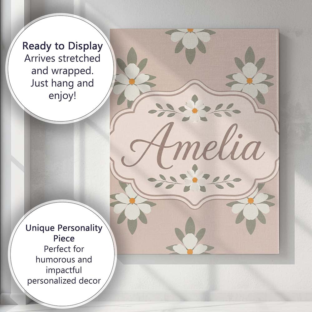 Personalised Name Neutral Daisy Floral Custom Modern Room Accent Elegant Feature Canvas Wall Art Print Decor Picture Ready to Hang