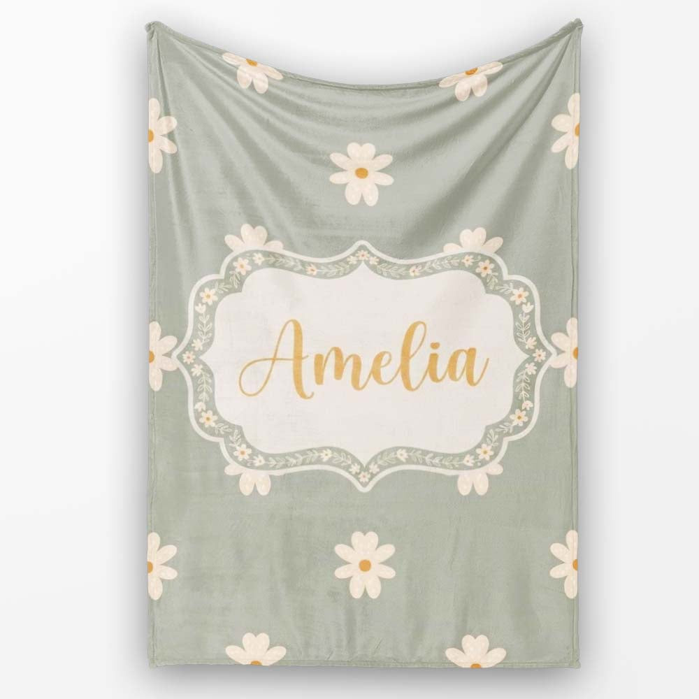 Small Daisy Flower Seamless Pattern Soft Sage Green Background Personalised Custom Name Super Soft Fleece Blanket Bed Sofa Throw