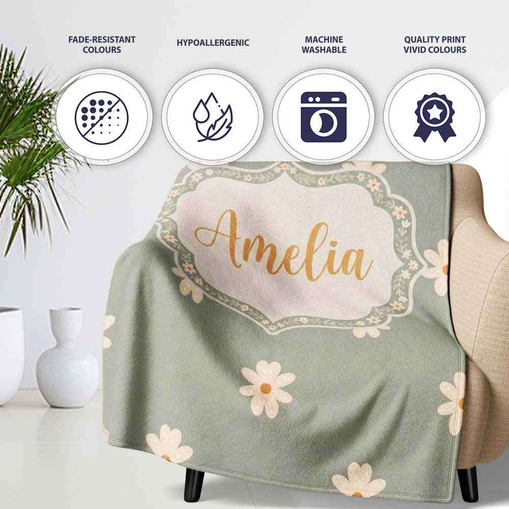 Small Daisy Flower Seamless Pattern Soft Sage Green Background Personalised Custom Name Super Soft Fleece Blanket Bed Sofa Throw