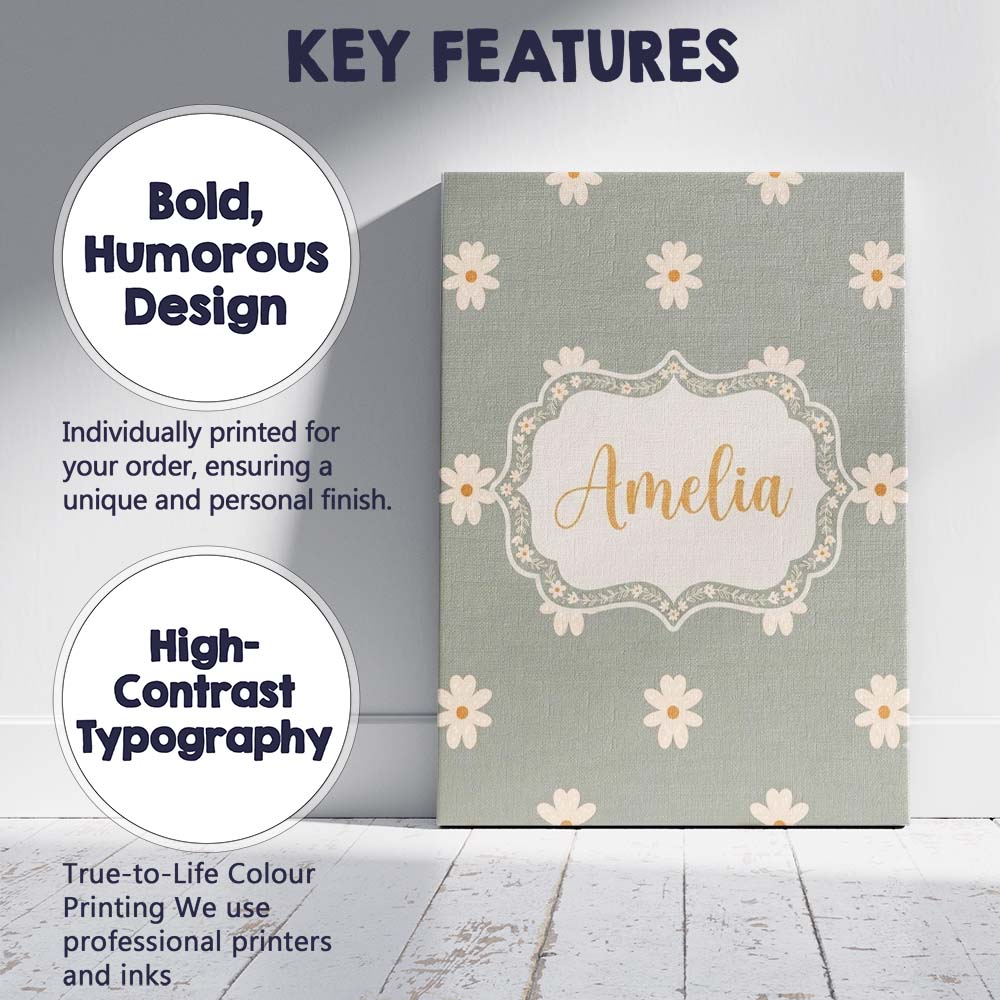 Personalised Name Small Daisy Flower Custom Premium Decorative Design Modern Room Accent Canvas Wall Art Print Decor Picture Ready to Hang