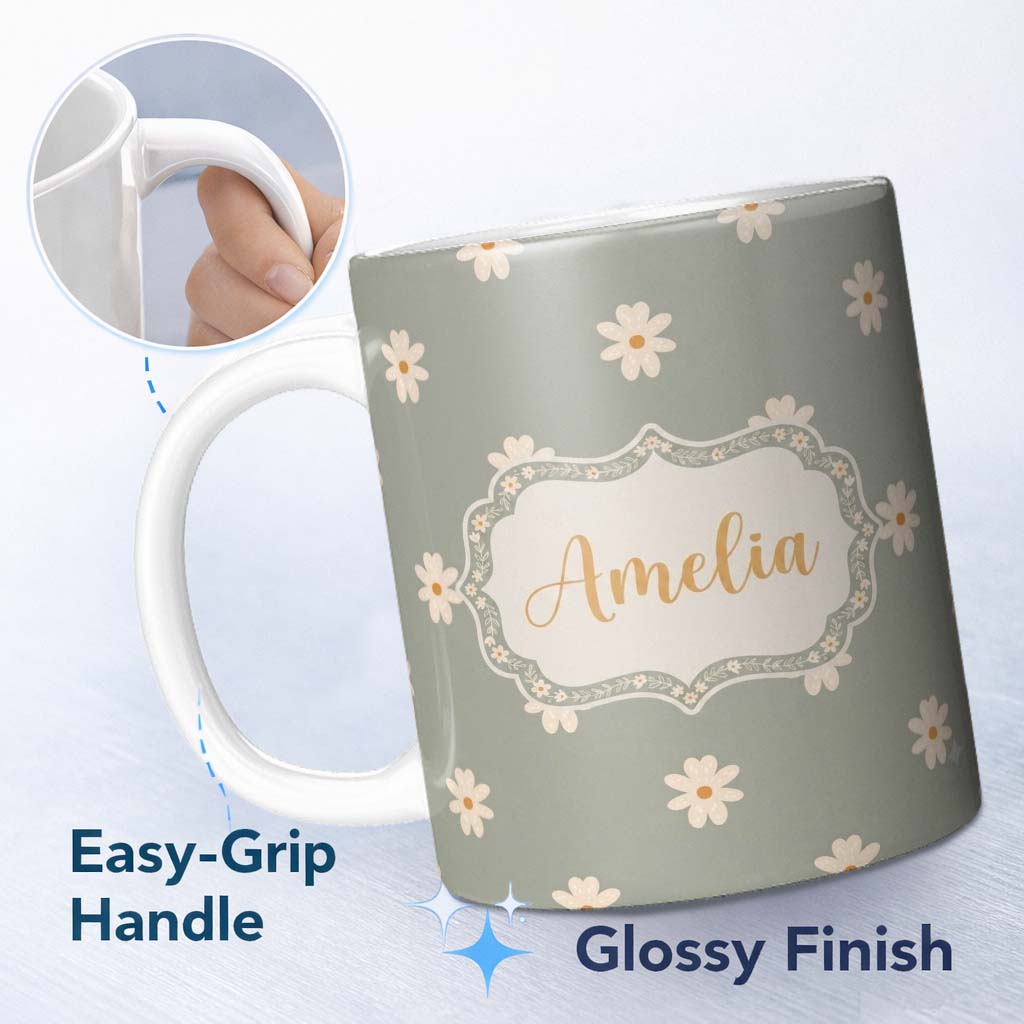 Personalized Custom Name Small Daisy Flower Seamless Pattern Soft Sage Green Background 11oz Ceramic Coffee Tea Mug White Large Handle