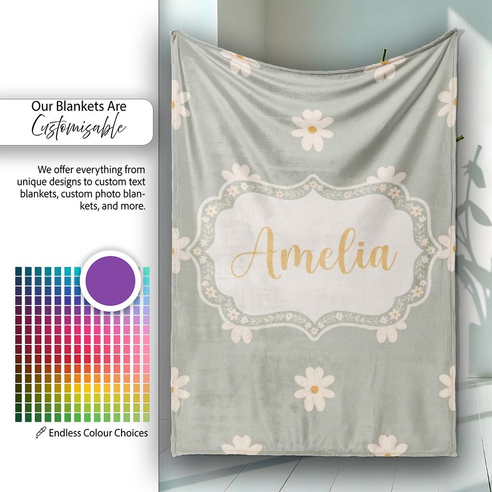 Small Daisy Flower Seamless Pattern Soft Sage Green Background Personalised Custom Name Super Soft Fleece Blanket Bed Sofa Throw