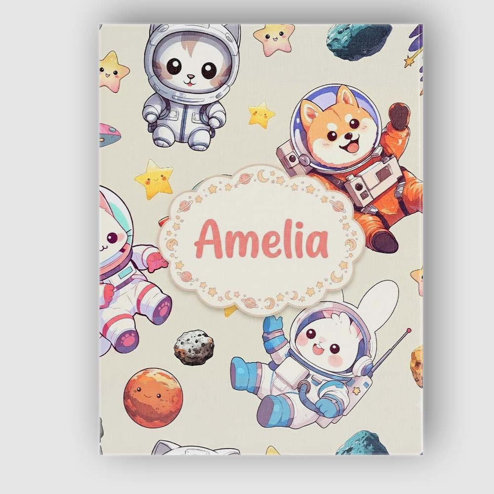 Personalised Name Cute Space Animals Custom Premium Decorative Design Modern Room Accent Canvas Wall Art Print Decor Picture Ready to Hang