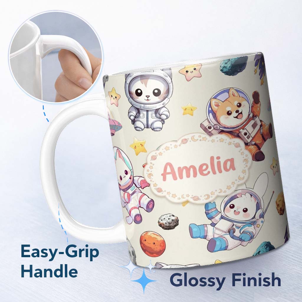Personalized Custom Name Cute Space Animals Astronaut Seamless Pattern Fun Kids Galaxy 11oz Ceramic Coffee Tea Mug White Large Handle