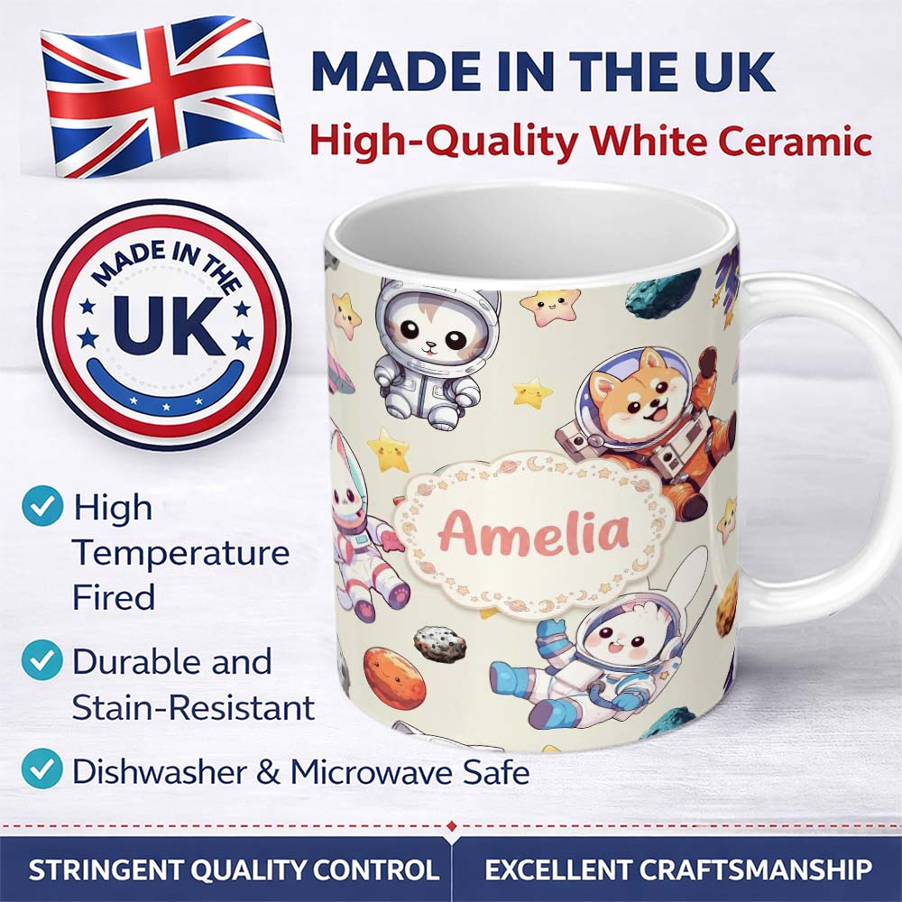Personalized Custom Name Cute Space Animals Astronaut Seamless Pattern Fun Kids Galaxy 11oz Ceramic Coffee Tea Mug White Large Handle