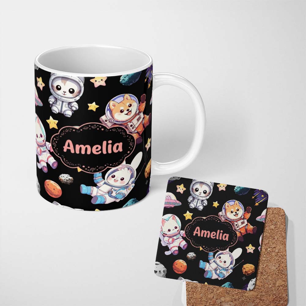 Personalized Custom Name Cute Space Animals Astronaut Seamless Pattern Black Galaxy Kids 11oz Ceramic Coffee Tea Mug White Large Handle
