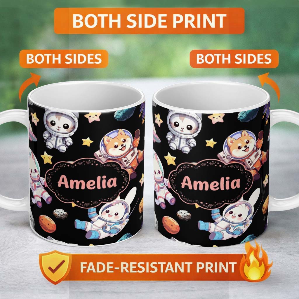 Personalized Custom Name Cute Space Animals Astronaut Seamless Pattern Black Galaxy Kids 11oz Ceramic Coffee Tea Mug White Large Handle