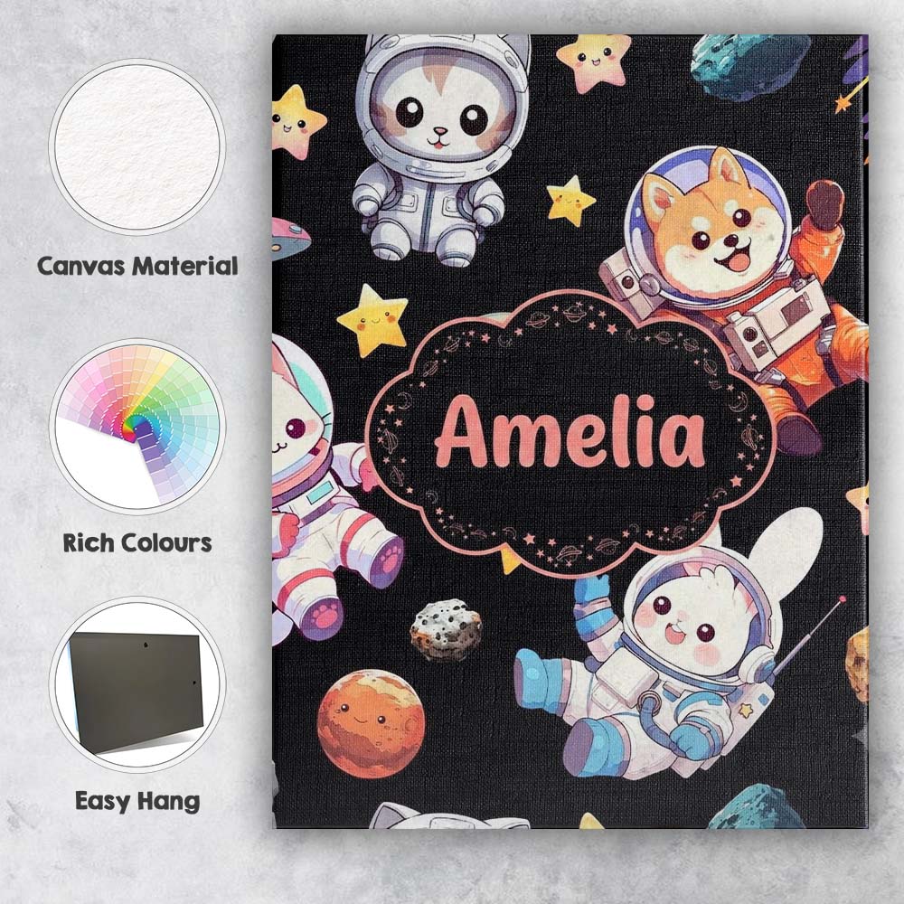 Personalised Name Cute Space Animals Custom Premium Decorative Design Modern Room Accent Canvas Wall Art Print Decor Picture Ready to Hang