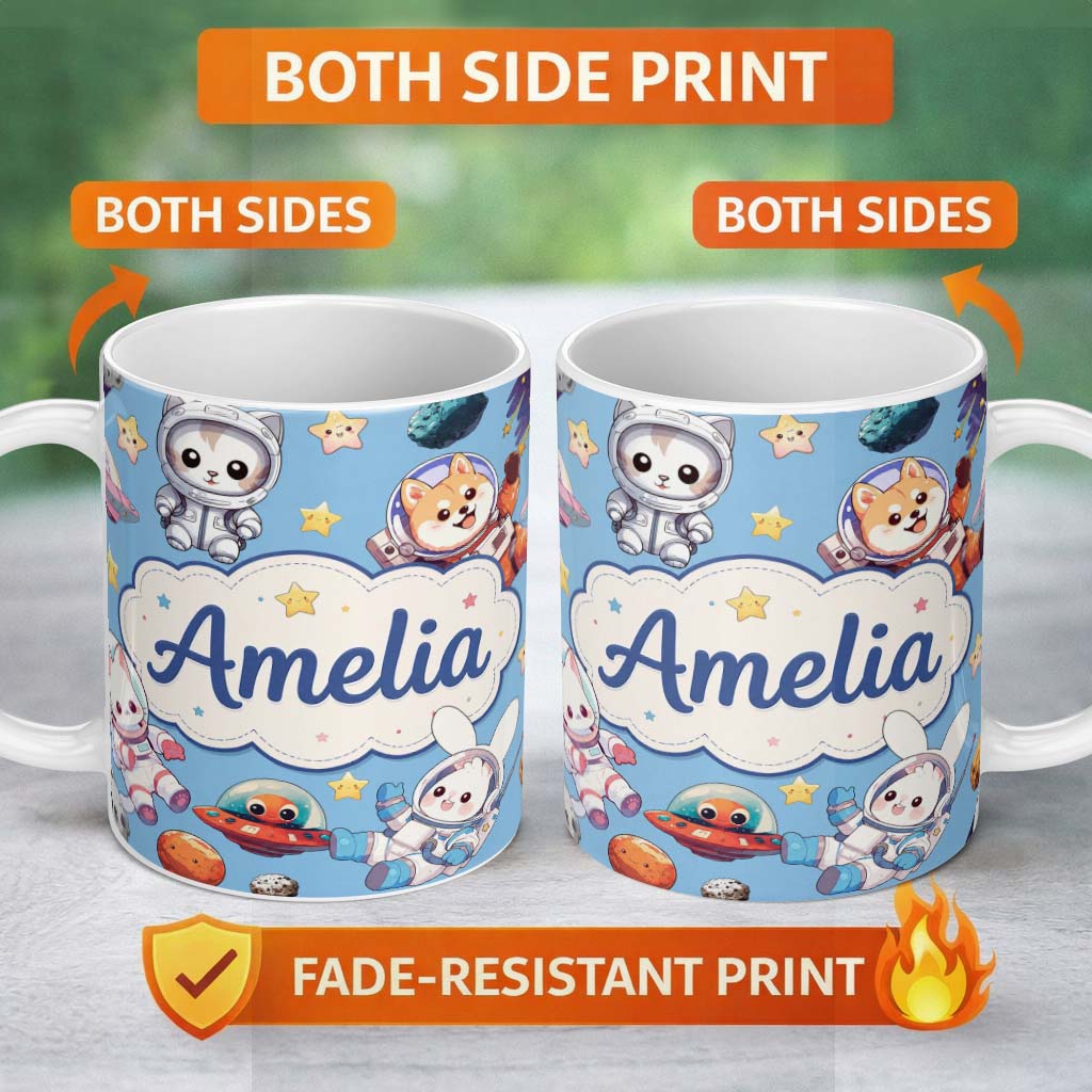 Personalized Custom Name Cute Space Animals Astronaut Seamless Pattern Blue Galaxy Kids 11oz Ceramic Coffee Tea Mug White Large Handle