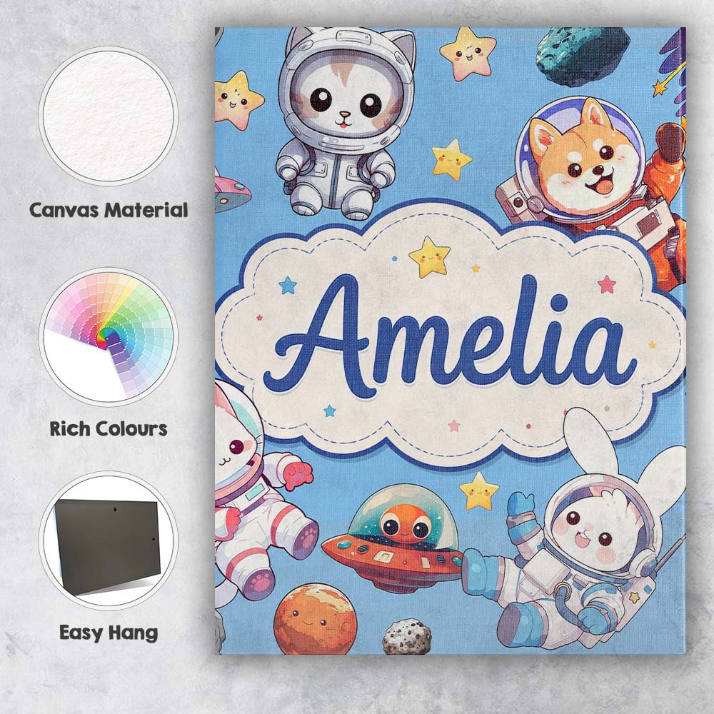 Personalised Name Cute Space Animals Custom Premium Decorative Design Modern Room Accent Canvas Wall Art Print Decor Picture Ready to Hang