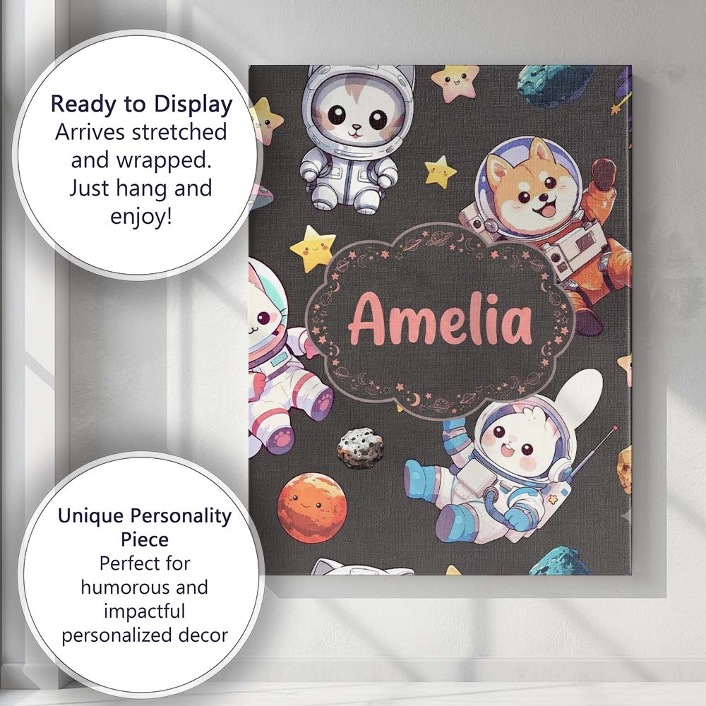 Personalised Name Cute Space Animals Custom Premium Decorative Design Modern Room Accent Canvas Wall Art Print Decor Picture Ready to Hang
