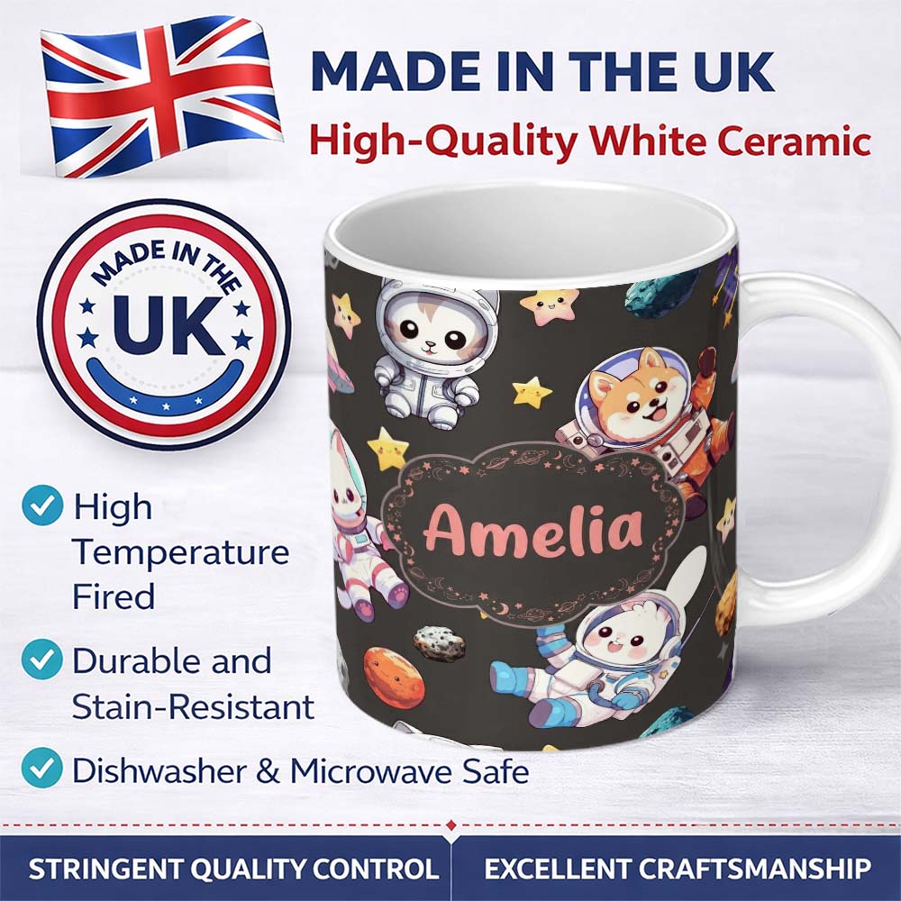 Personalized Custom Name Cute Space Animals Astronaut Seamless Pattern Dark Galaxy Kids 11oz Ceramic Coffee Tea Mug White Large Handle