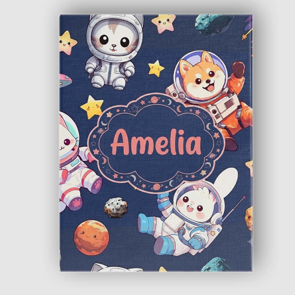 Personalised Name Cute Space Animals Custom Premium Decorative Design Modern Room Accent Canvas Wall Art Print Decor Picture Ready to Hang