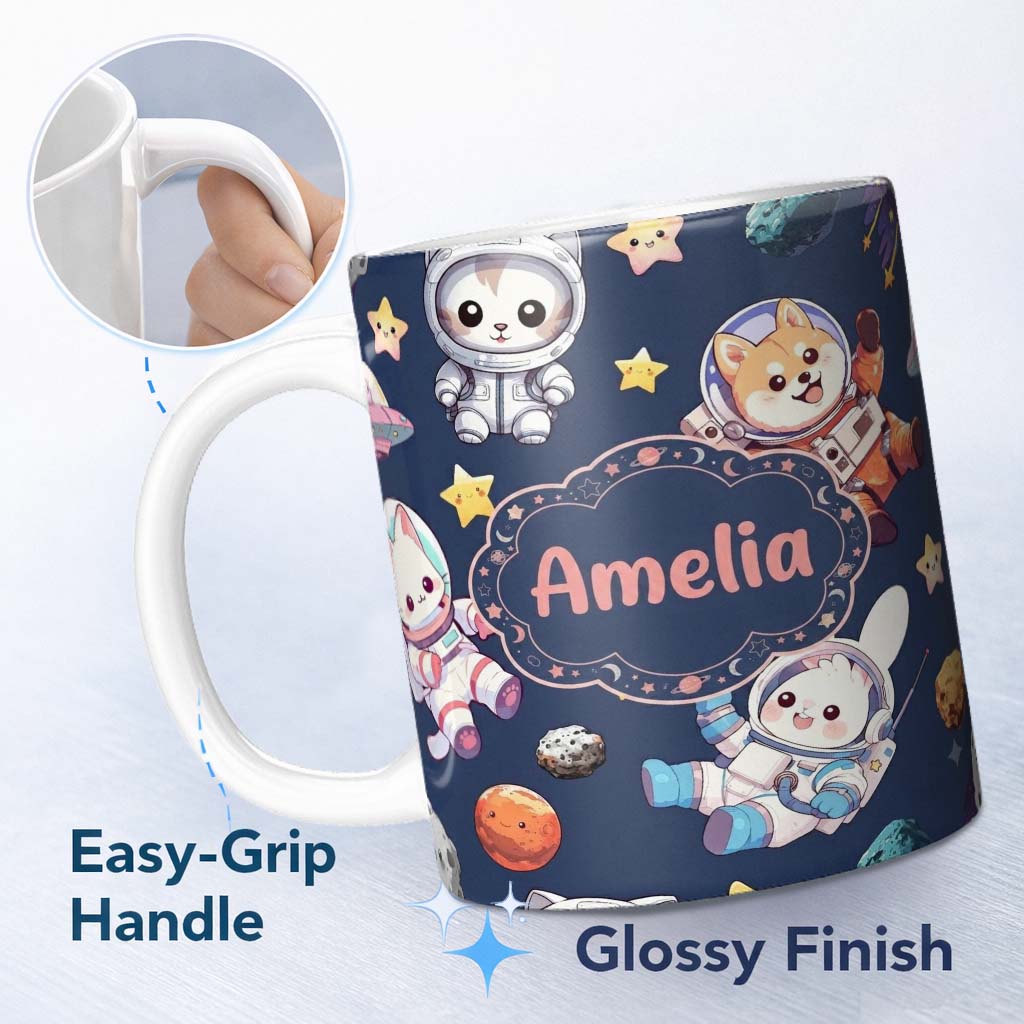 Personalized Custom Name Cute Space Animals Astronaut Seamless Pattern Navy Galaxy Kids 11oz Ceramic Coffee Tea Mug White Large Handle